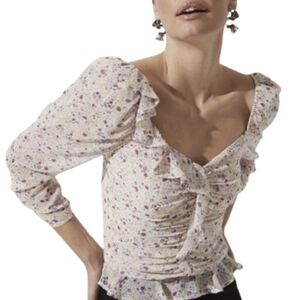 ASTR The Label Cream/Pink/Lavender Ruffle Neck/Hem Crop Top Size M Ruched Cuffs